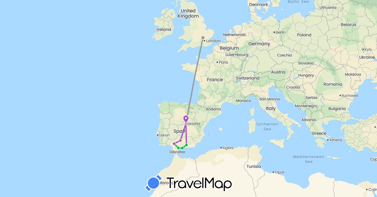 TravelMap itinerary: bus, plane, train in Spain, United Kingdom (Europe)